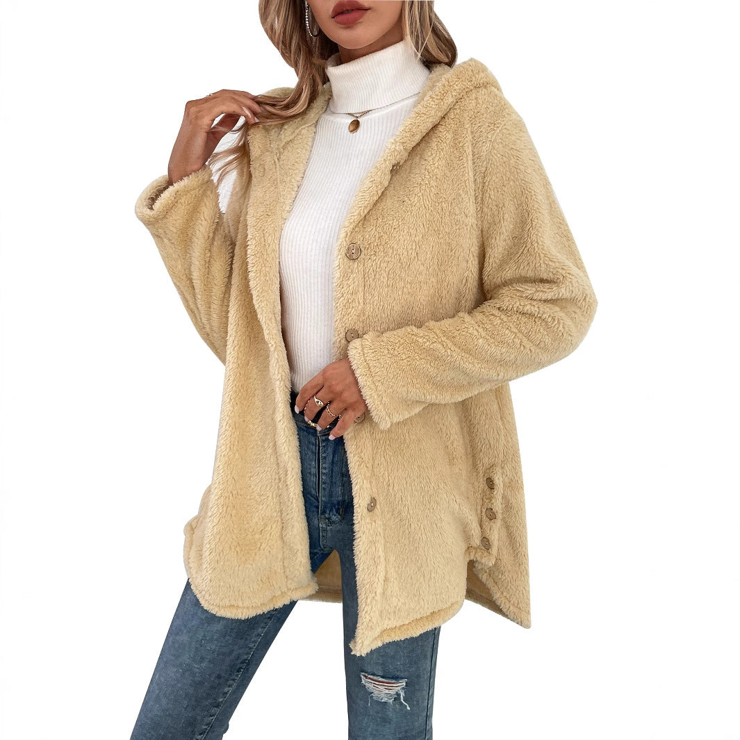 Damen Übergangsjacke Flauschig Mit Kapuze Knopfverschluss Norvielle