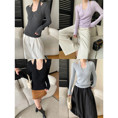 Damen Strickpullover V-Ausschnitt mit Cut-Outs Norvielle