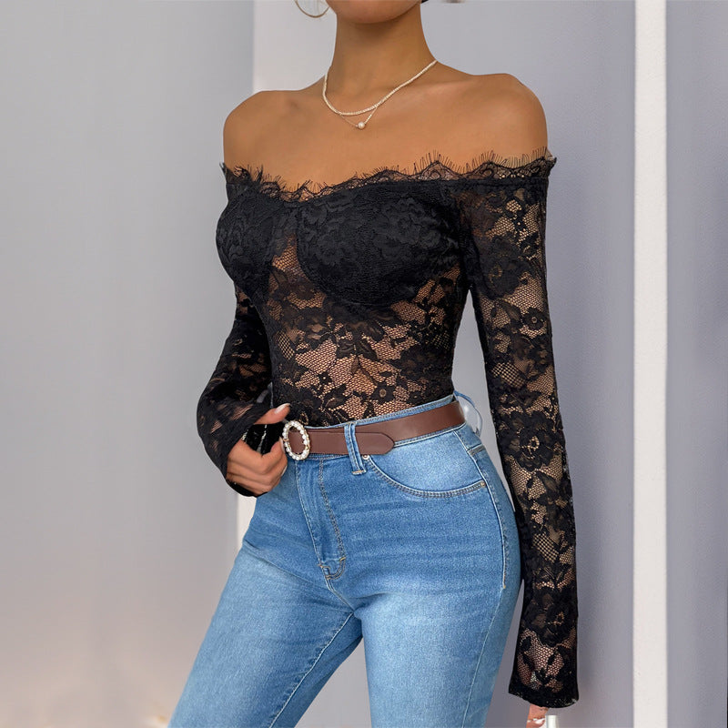Damen Off-Shoulder-Body mit Spitze und langen Ärmeln Norvielle