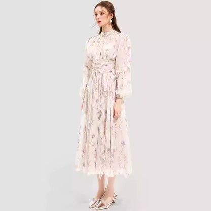 Damen Maxikleid mit Rüschen und Halsbündchen Floral