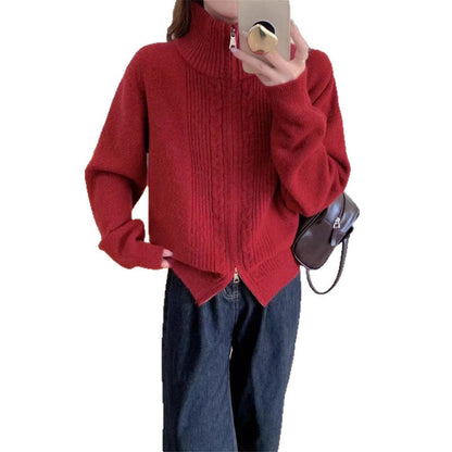 Damen Strickjacke Zippkragen Hochwertig Grün