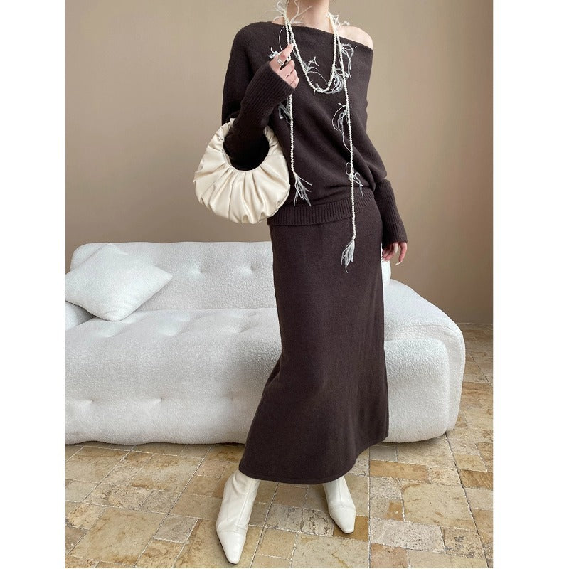 Damen Maxikleid Strick Asymmetrisch Lässig Beige