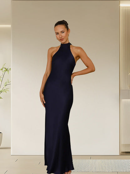 Damen Satin Maxikleid Hochkragen Körpernah Norvielle