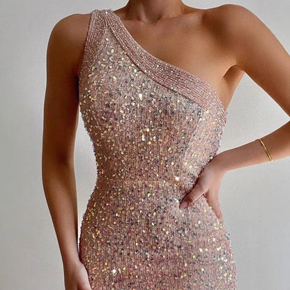Damen Abendkleid Asymmetrischer Schnitt Hochgeschlitzt Glitzer