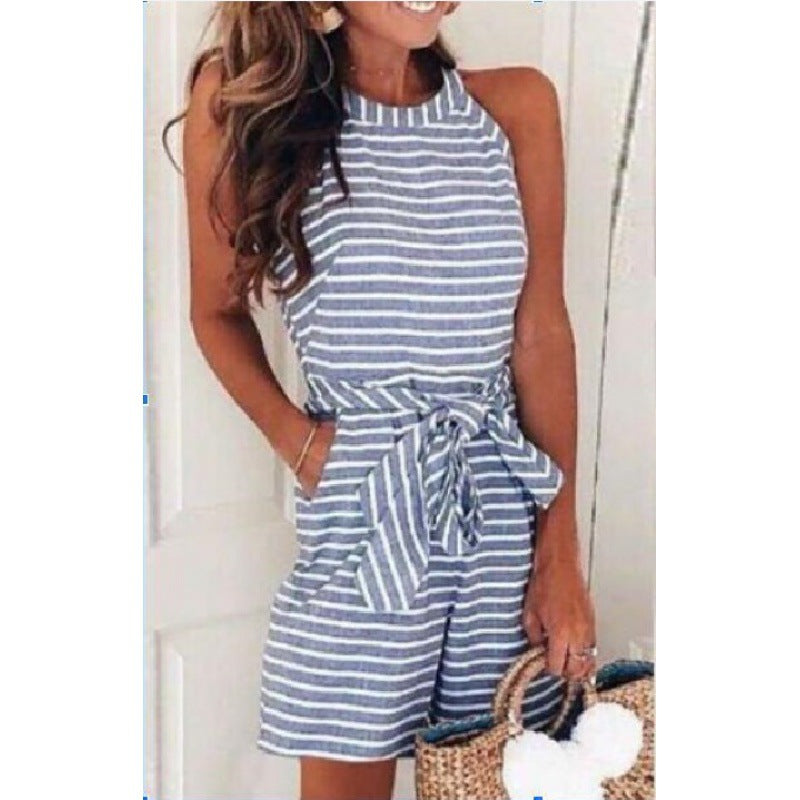 Damen Jumpsuit mit Bindegürtel Gestreift