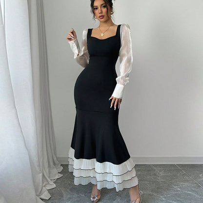 Damen Maxikleid transparente Puffärmel Rüschensaum Norvielle - Norvielle