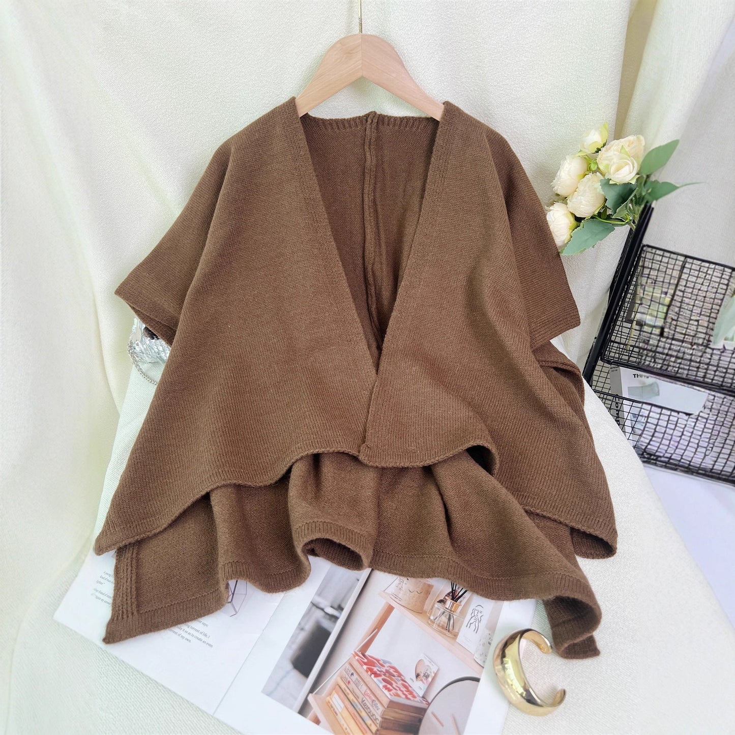 Norvielle Damen Strickjacke Asymmetrisch V-Ausschnitt Beige