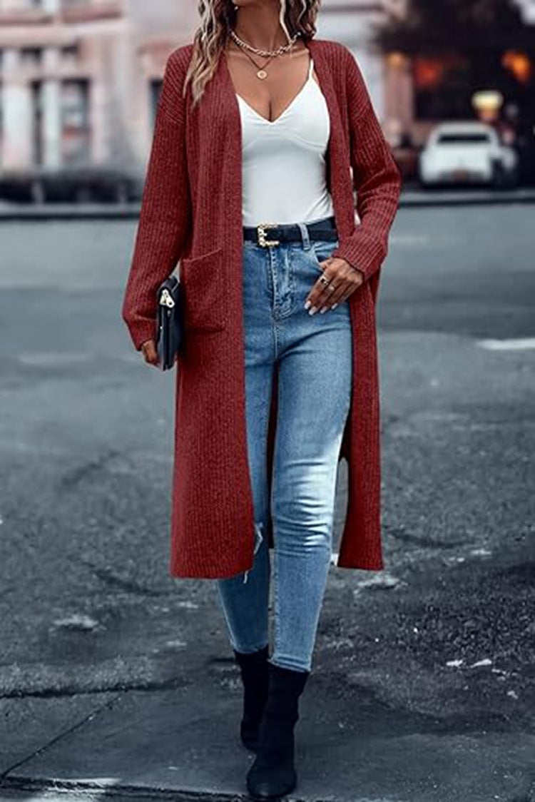 Damen Grobstrick-Cardigan Offene Taschen Lässiger Schnitt Norvielle