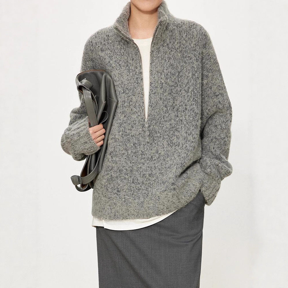 Damen Grobstrickpullover Norvielle Hochkragen Halbzipper - Norvielle