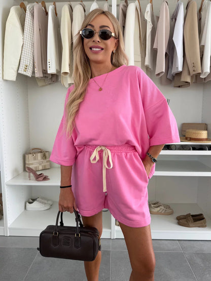 Damen Oversize T-Shirt Set mit Shorts Verstellbarer Taillenzug
