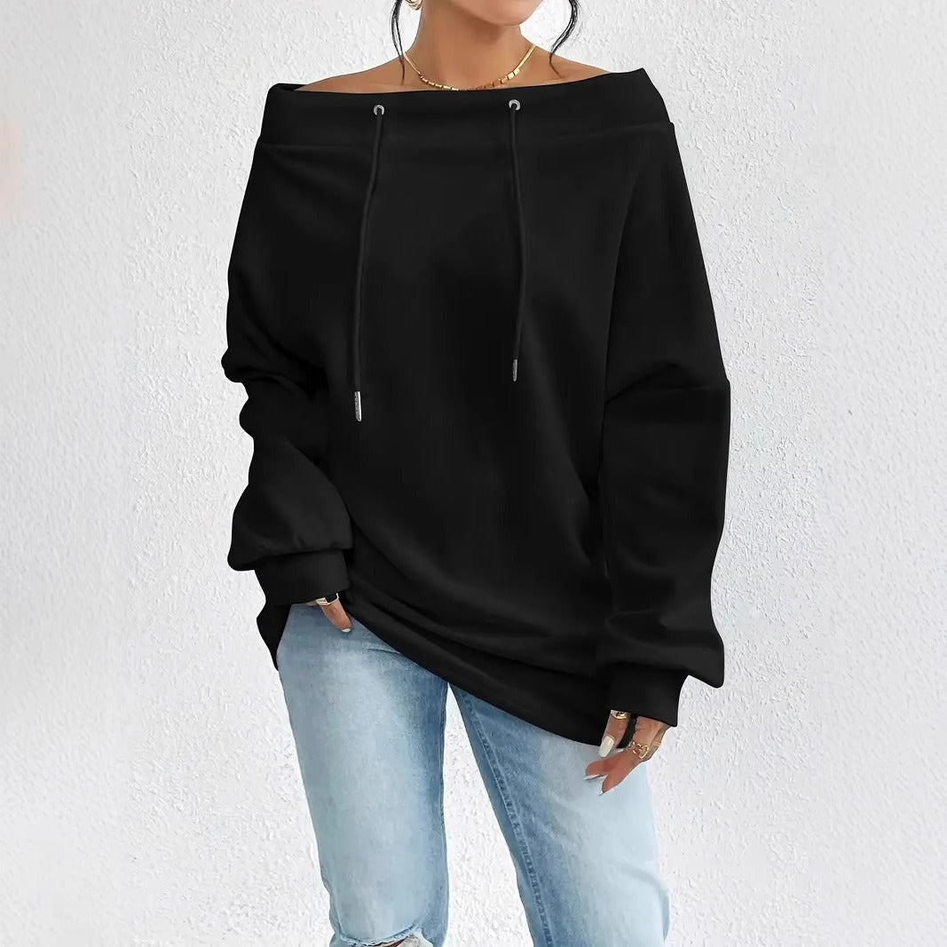 Damen Oversized Pullover Offener Kragen Kordelzug Beige