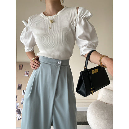 Damen Bluse mit Puffärmeln und V-Ausschnitt