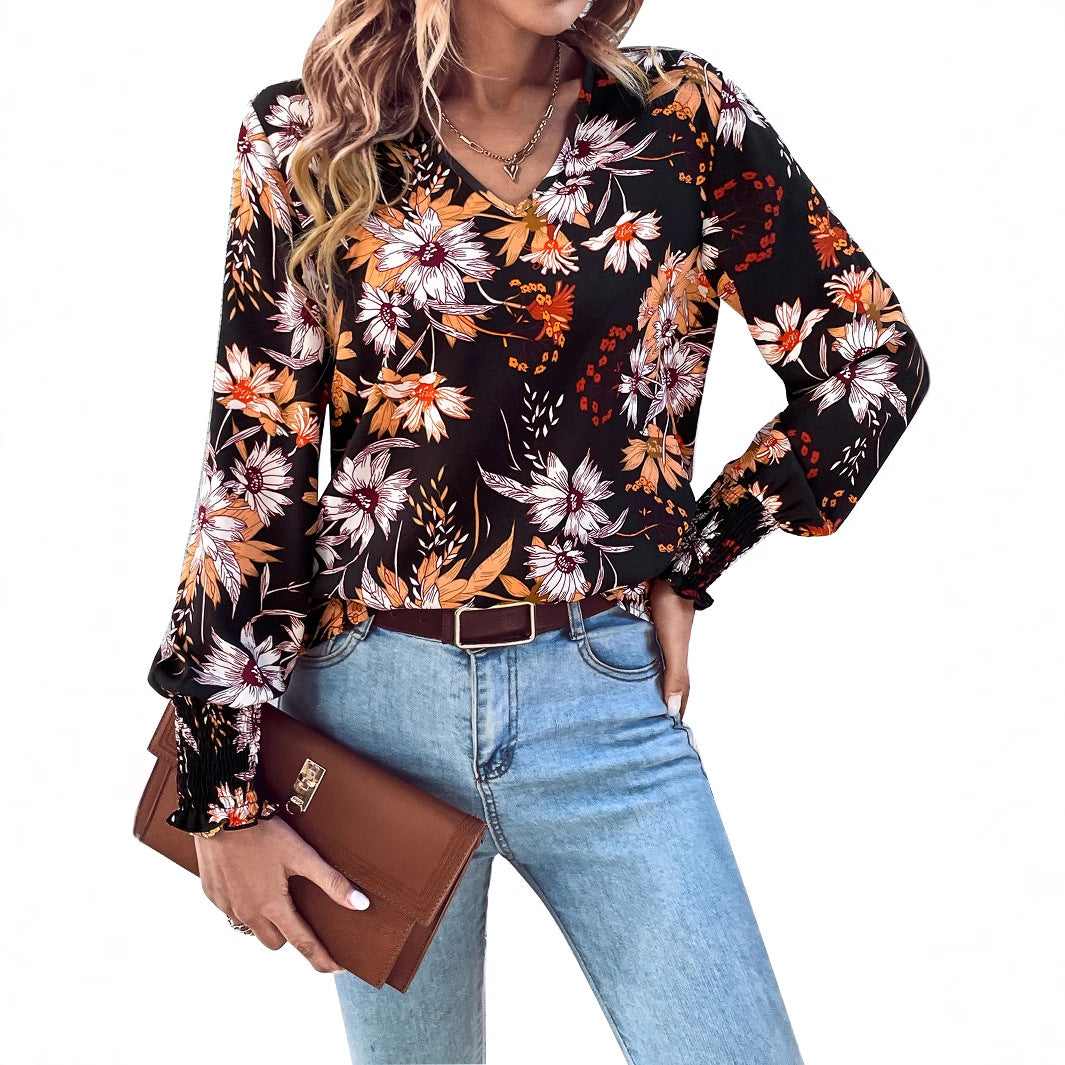 Damen Bluse Floralmuster Elastische Rüschen Norvielle