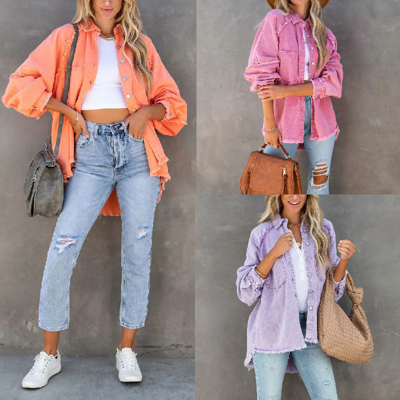 Damen Denim-Hemdjacke Oversized mit Fransen Detail Blau - Norvielle