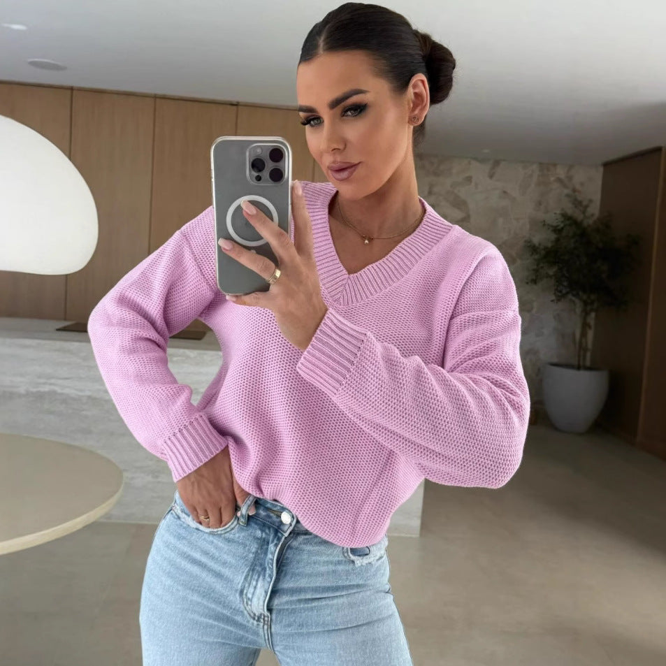 Damen Strickpullover V-Ausschnitt Strukturiert Beige - Norvielle