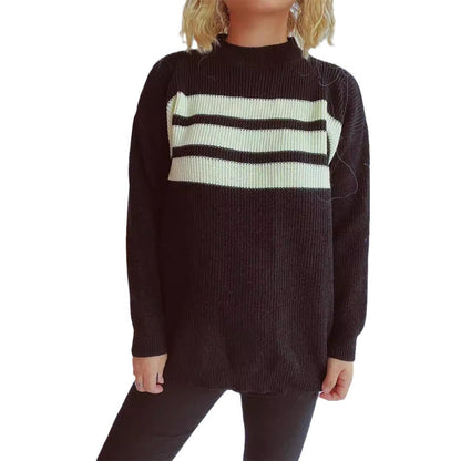 Damen Strickpullover Oversized Horizontale Streifen Beige