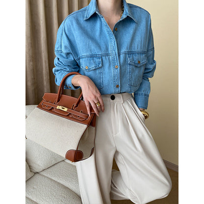 Damen Denim-Hemdjacke Lässig Blau Mit Knöpfen Und Brusttaschen - Norvielle