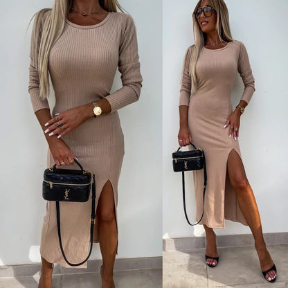 Damen Langarmkleid Rippstruktur Mit Seitenschlitz Schwarz - Norvielle