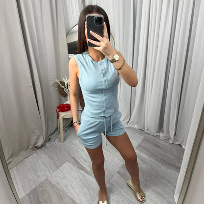 Damen Kurzoverall Set Knopfverschluss Verstellbar Schwarz - Norvielle