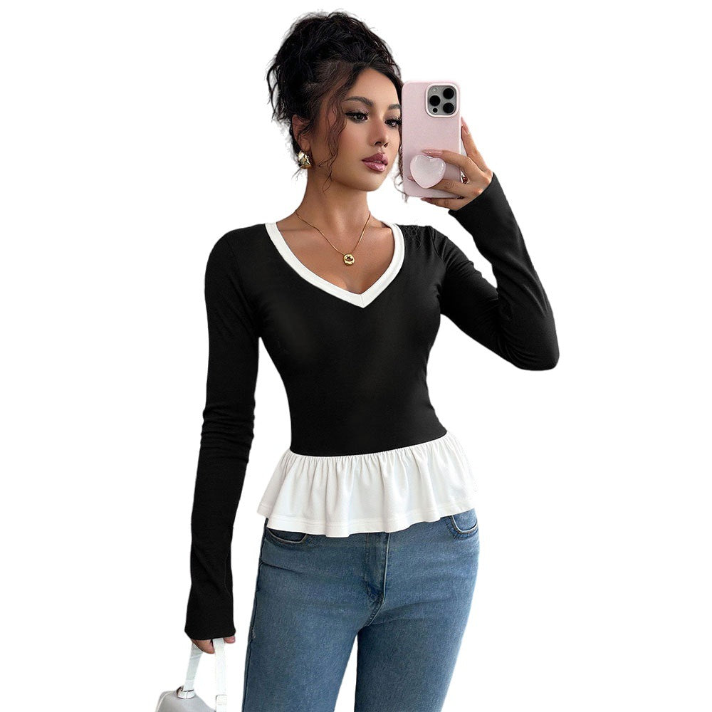 Damen Langarmshirt Rüschensaum V-Ausschnitt Norvielle