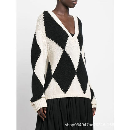 Damen Strickpullover V-Ausschnitt Zickzackmuster Norvielle - Norvielle