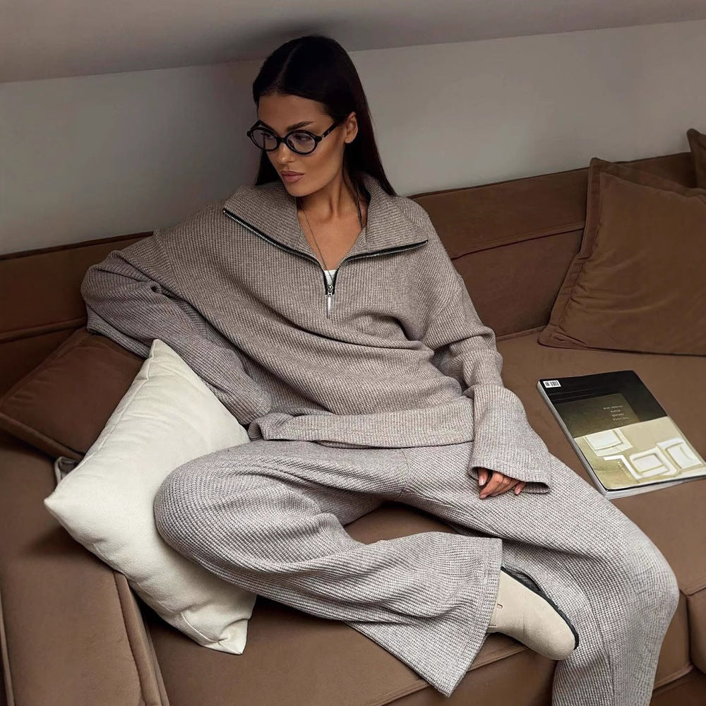 Damen Strickoverall Oversized mit hohem Kragen und Halbzip - Norvielle