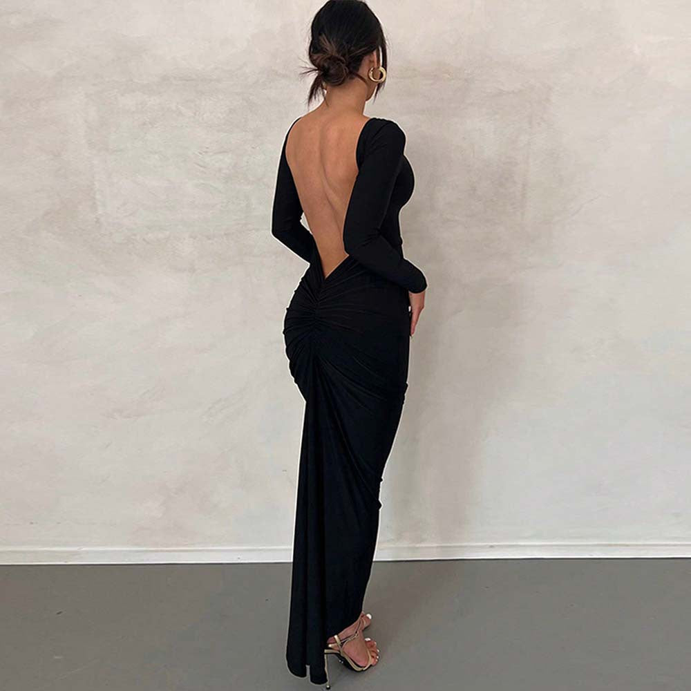 Damen Maxikleid Elegante Rückenöffnung Figurbetont Schwarz - Norvielle