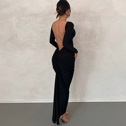 Damen Maxikleid Elegante Rückenöffnung Figurbetont Schwarz - Norvielle