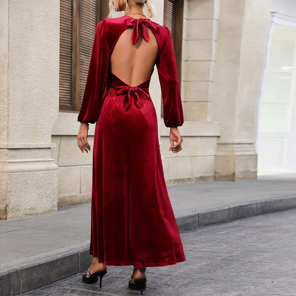 Damen Abendkleid Velour Langärmlig Schwingrock