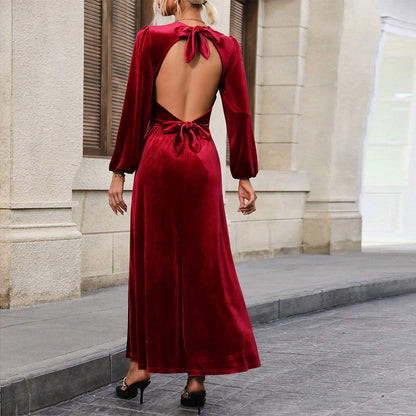 Damen Abendkleid Velour Langärmlig Schwingrock