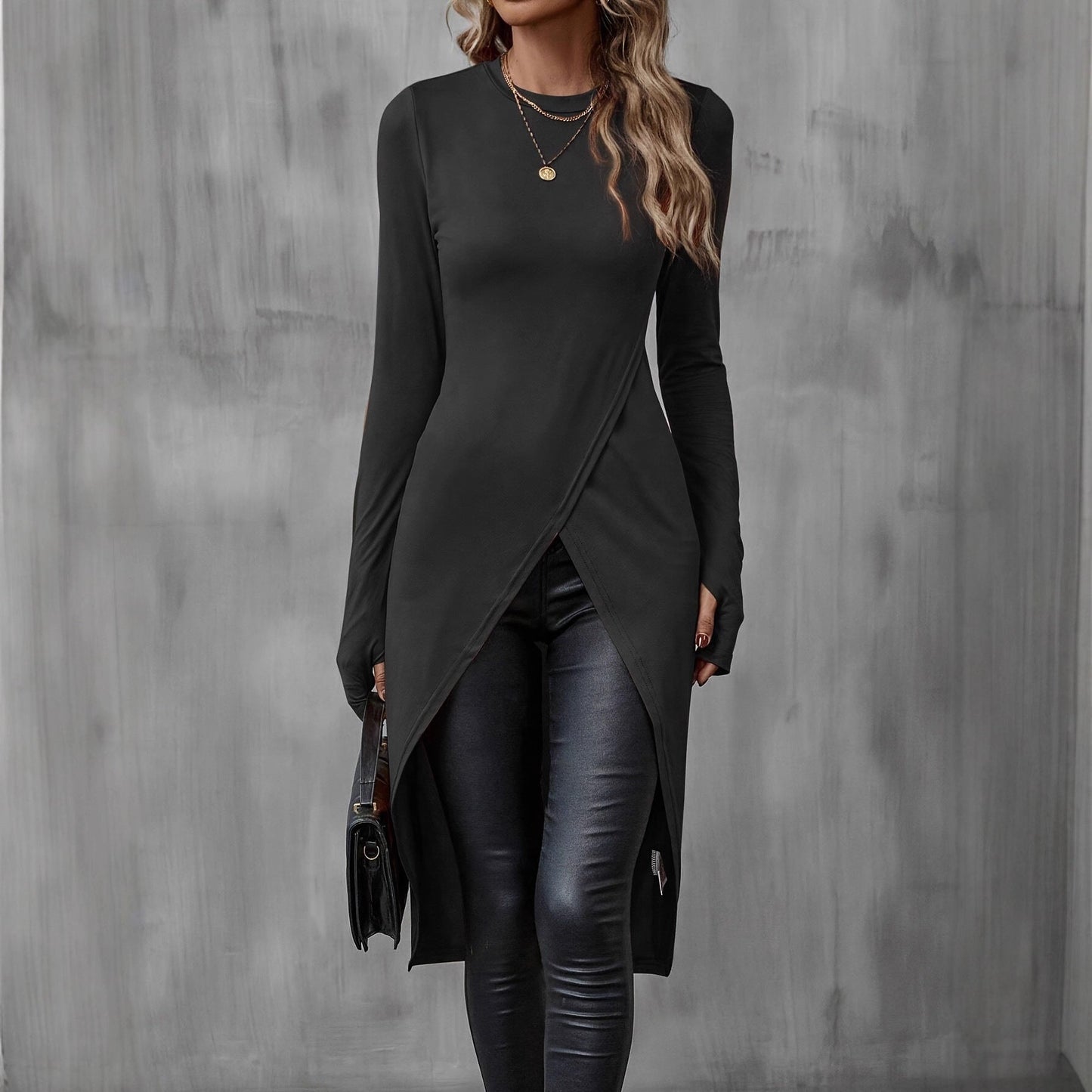 Damen Wickelkleid Langarm Asymmetrisch - Norvielle