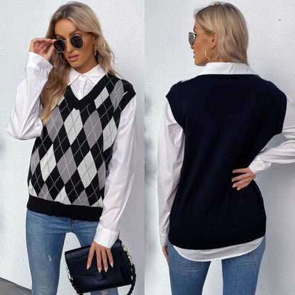 Damen Ärmelloser Pullover Rautenmuster V-Ausschnitt Norvielle