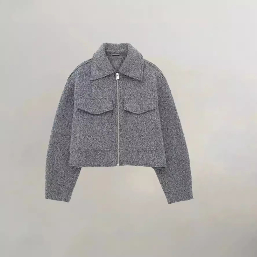 Damen Cropped Winterjacke Klassischer Kragen Brusttaschen