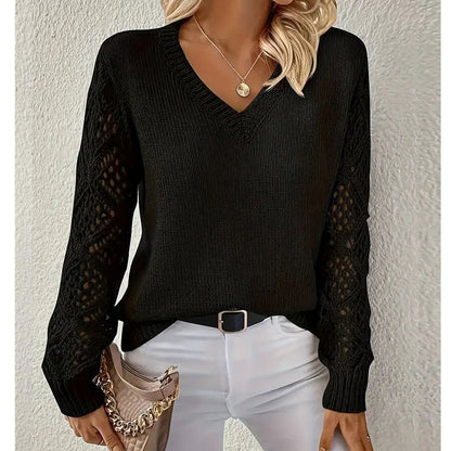 Damen Strickpullover V-Ausschnitt Lochmuster Norvielle