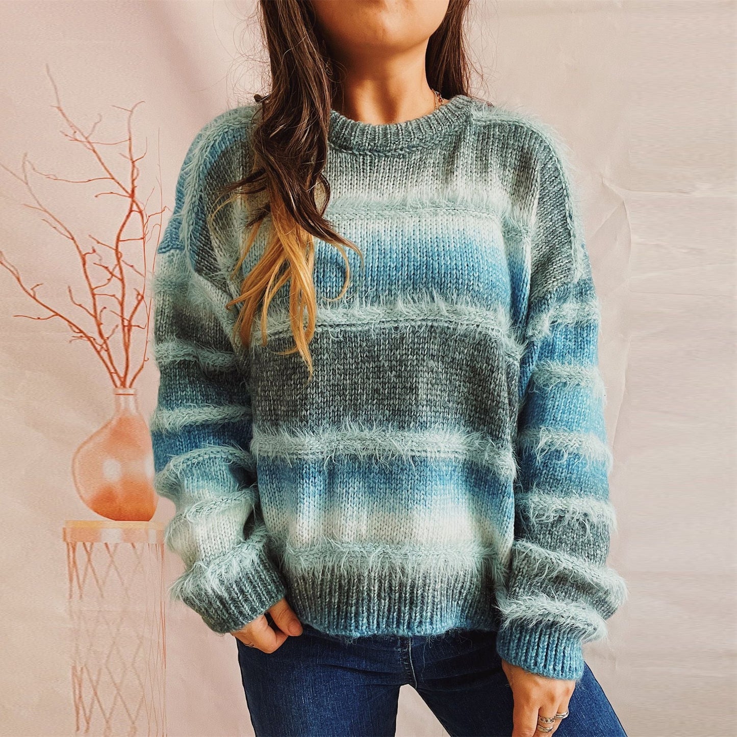 Damen Strickpullover Flauschig Weich Farbverlauf