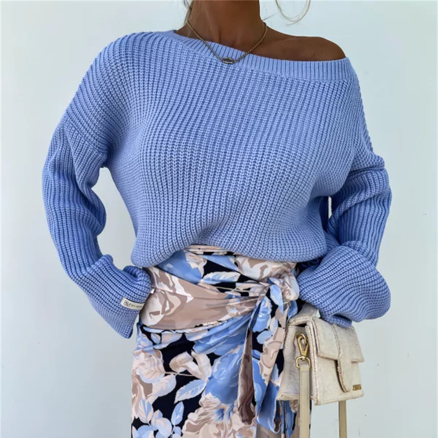 Damen Strickpullover Asymmetrischer Ausschnitt Lockere Ärmel Beige