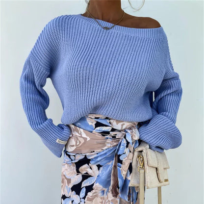 Damen Strickpullover Asymmetrischer Ausschnitt Lockere Ärmel Beige