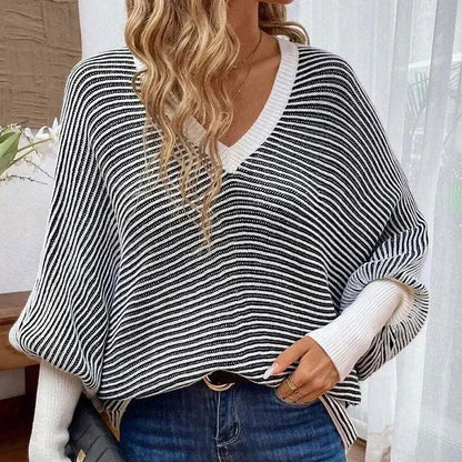 Damen Strickpullover Streifenlook V-Ausschnitt