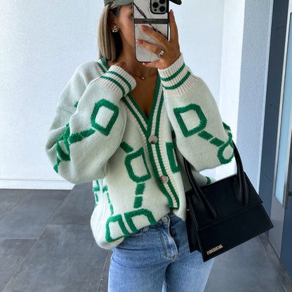 Damen Grobstrick Cardigan Kontrastmuster