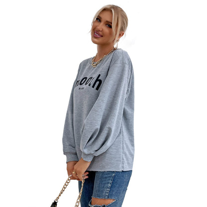 Damen Sweatshirt Puffärmel Schriftzug Grau