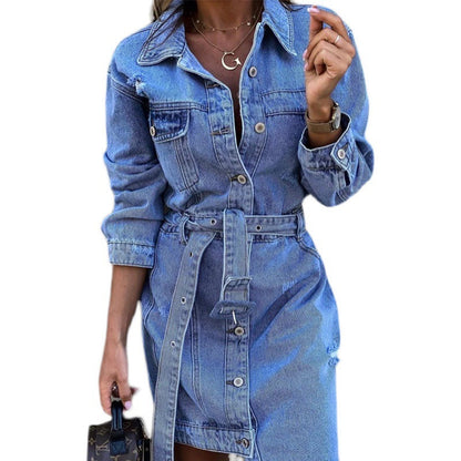 Damen Jeanskleid mit Taillengürtel und Knöpfen