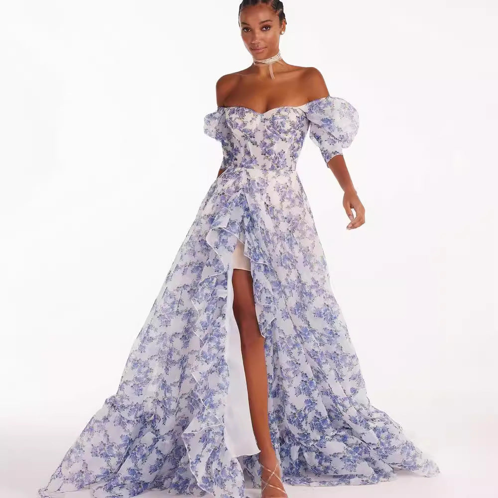 Damen Maxikleid Schulterfrei Florale Rüschendetails - Norvielle