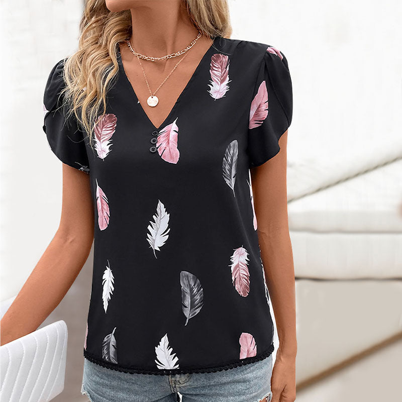 Damen Bluse Floralmuster Dekorativ Knöpfe