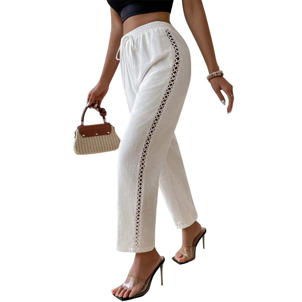 Damen Baumwollhose Breit mit Rüschendetails Beige