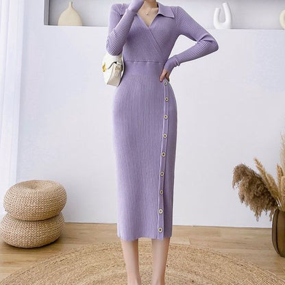 Damen Strickkleid Wickeloptik Knöpfe Norvielle