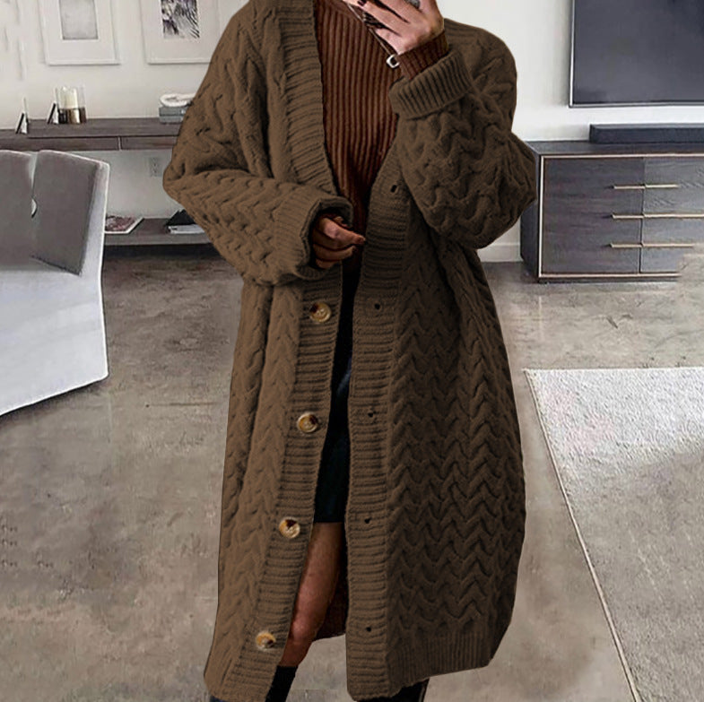 Damen Strickcardigan Voluminöser Zopfdesign Knopfverschluss Beige