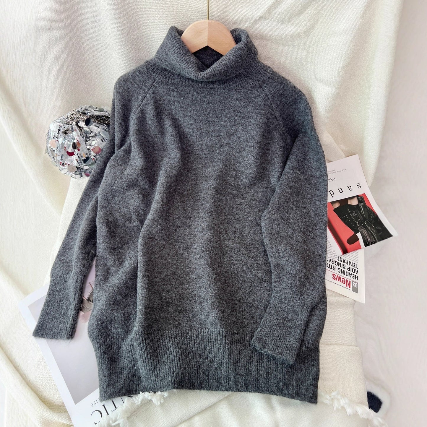 Damen Pullover Weicher Cashmere-Mischung Hoher Kragen Beige
