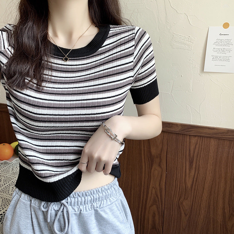 Damen Kurzarm-Shirt Streifenmuster Elastisch Weiß - Norvielle