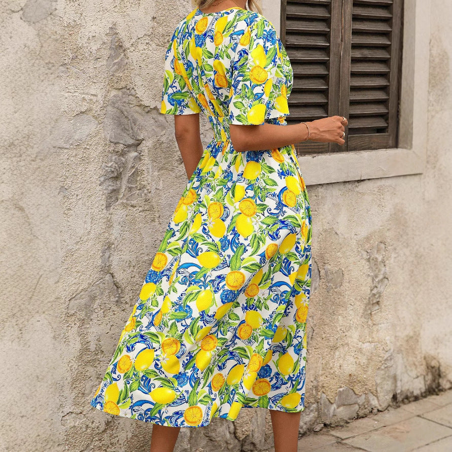 Damen Maxikleid Fruchtig Muster Elegante Taille