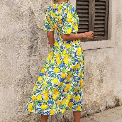 Damen Maxikleid Fruchtig Muster Elegante Taille